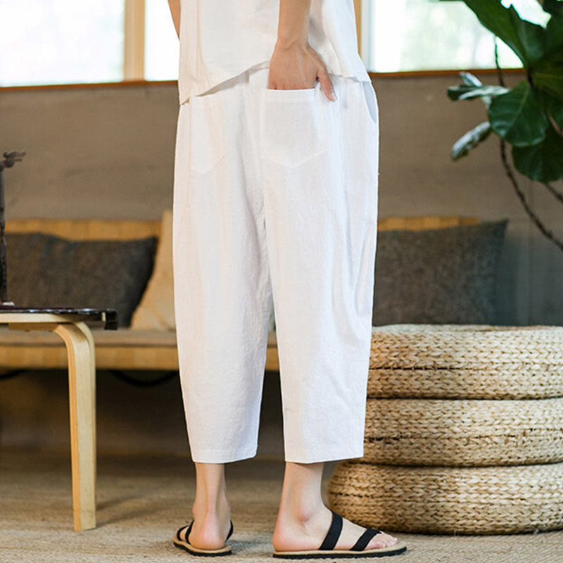 Buddha Stones Schlichtes Design, Kordelzug, Baumwolle und Leinen, einfarbige Haremshose für Herren mit Taschen - image 23