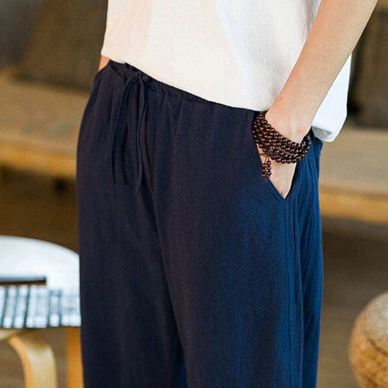 Buddha Stones Schlichtes Design, Kordelzug, Baumwolle und Leinen, einfarbige Haremshose für Herren mit Taschen - image 36