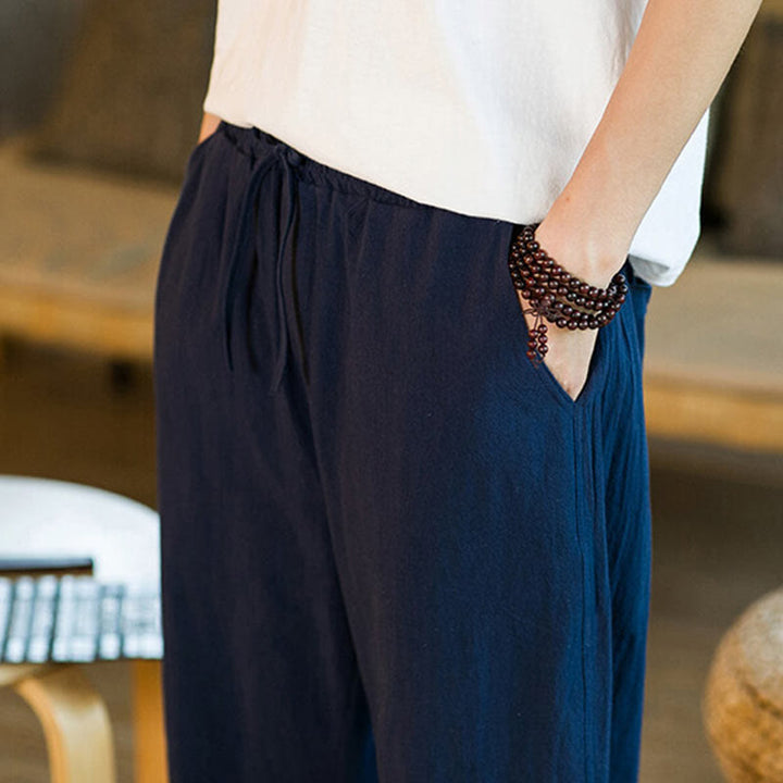 Buddha Stones Schlichtes Design, Kordelzug, Baumwolle und Leinen, einfarbige Haremshose für Herren mit Taschen - image 36