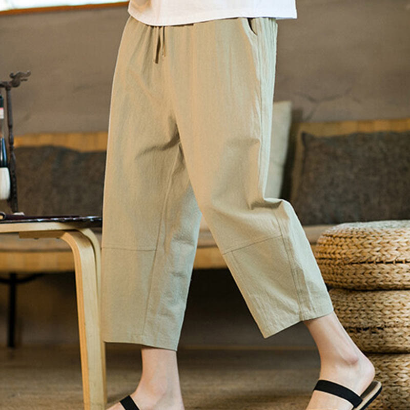 Buddha Stones Schlichtes Design, Kordelzug, Baumwolle und Leinen, einfarbige Haremshose für Herren mit Taschen - image 6
