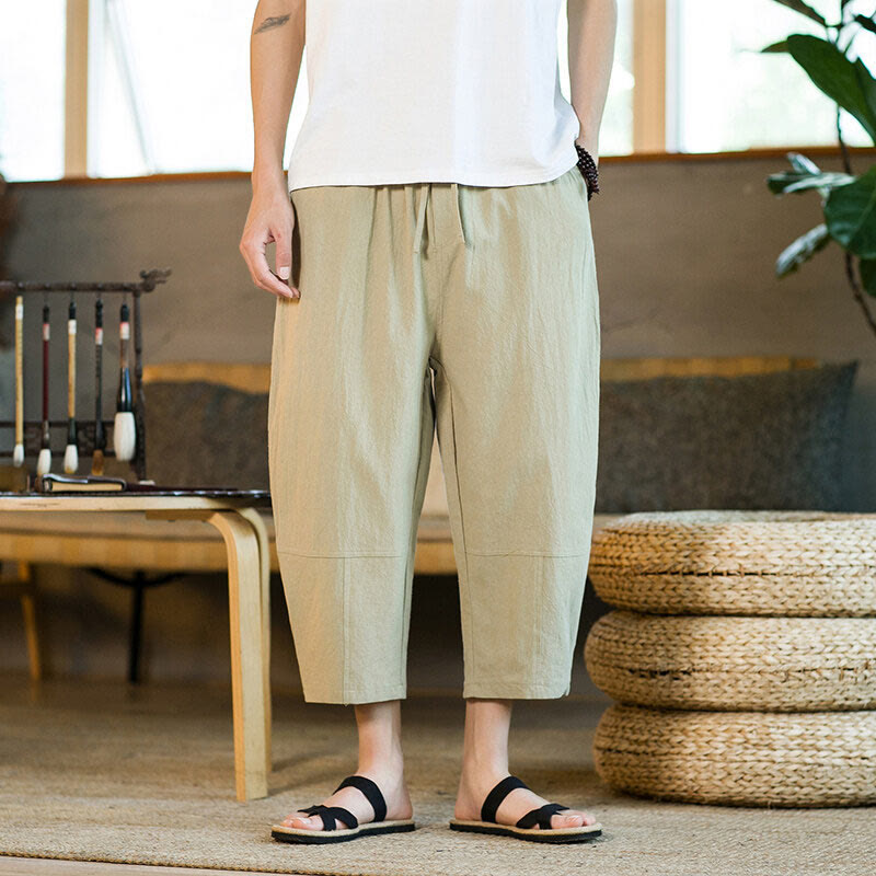 Buddha Stones Schlichtes Design, Kordelzug, Baumwolle und Leinen, einfarbige Haremshose für Herren mit Taschen