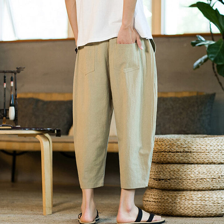 Buddha Stones Schlichtes Design, Kordelzug, Baumwolle und Leinen, einfarbige Haremshose für Herren mit Taschen - image 3