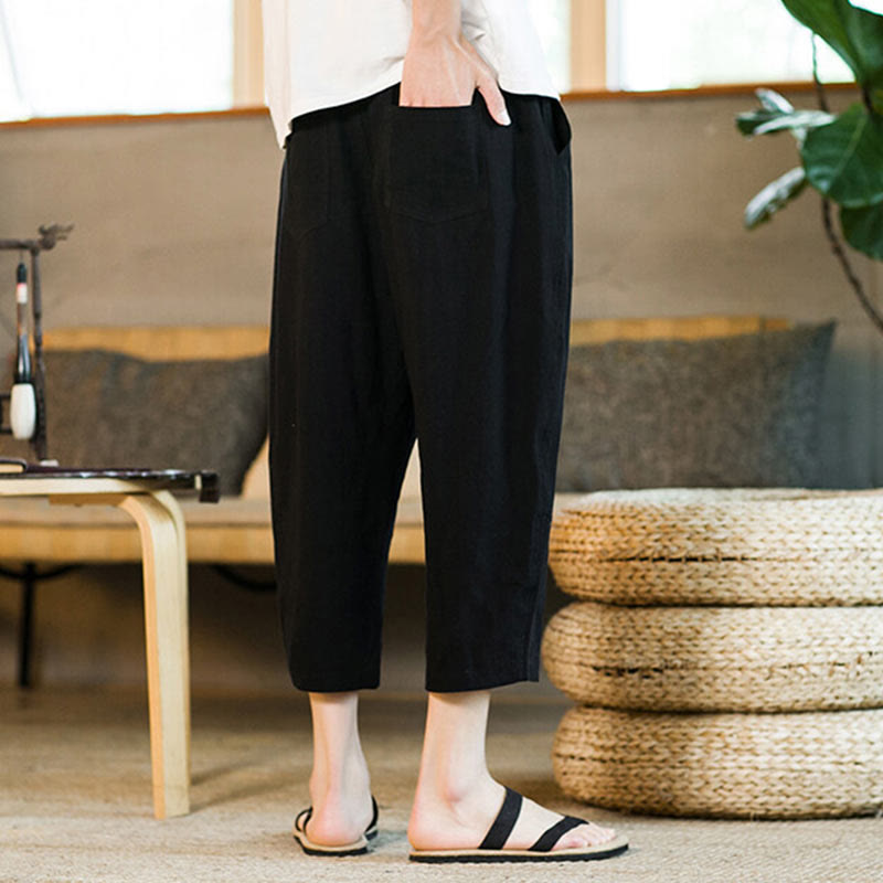 Buddha Stones Schlichtes Design, Kordelzug, Baumwolle und Leinen, einfarbige Haremshose für Herren mit Taschen - image 11