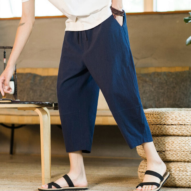 Buddha Stones Schlichtes Design, Kordelzug, Baumwolle und Leinen, einfarbige Haremshose für Herren mit Taschen - image 35