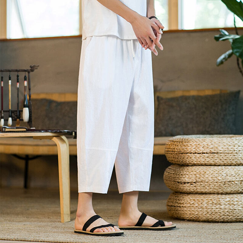 Buddha Stones Schlichtes Design, Kordelzug, Baumwolle und Leinen, einfarbige Haremshose für Herren mit Taschen