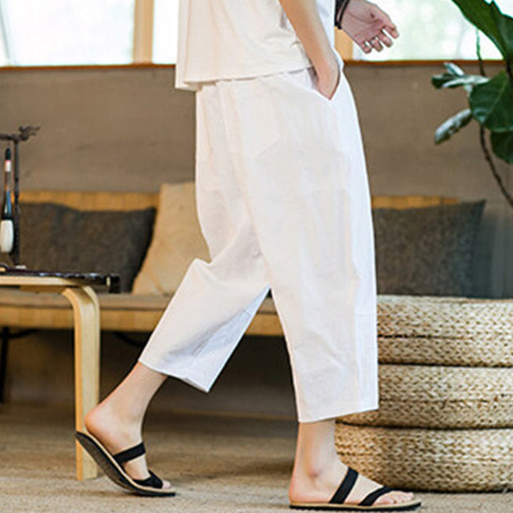 Buddha Stones Schlichtes Design, Kordelzug, Baumwolle und Leinen, einfarbige Haremshose für Herren mit Taschen - image 24