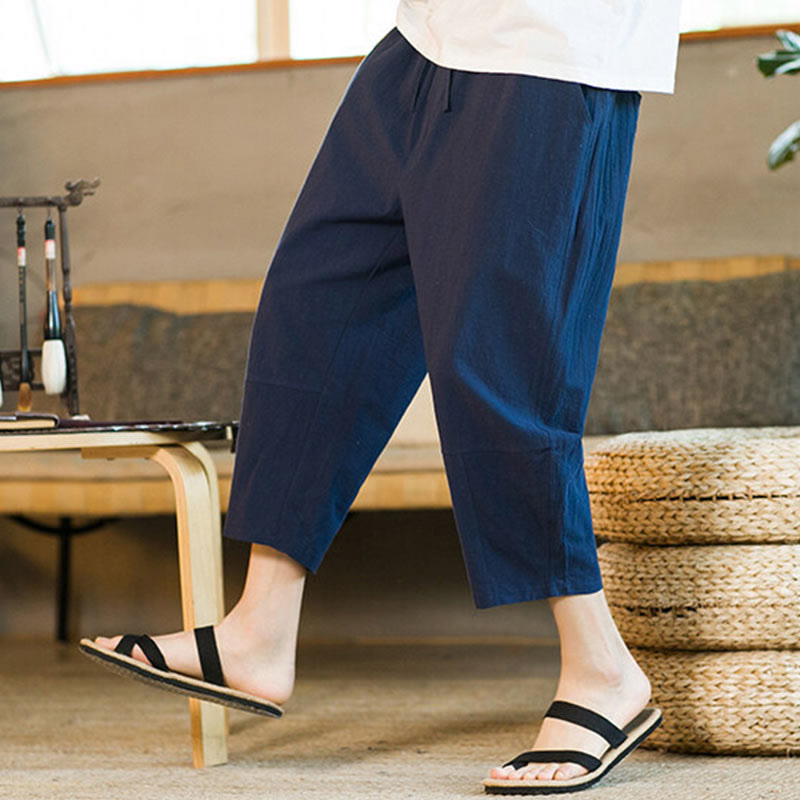 Buddha Stones Schlichtes Design, Kordelzug, Baumwolle und Leinen, einfarbige Haremshose für Herren mit Taschen - image 34