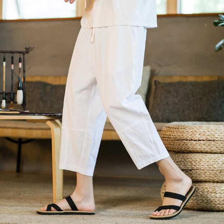 Buddha Stones Schlichtes Design, Kordelzug, Baumwolle und Leinen, einfarbige Haremshose für Herren mit Taschen - image 27