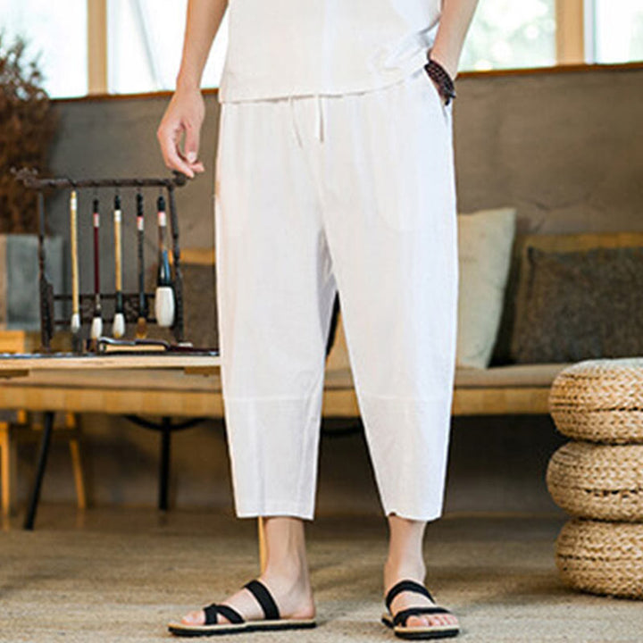 Buddha Stones Schlichtes Design, Kordelzug, Baumwolle und Leinen, einfarbige Haremshose für Herren mit Taschen - image 22