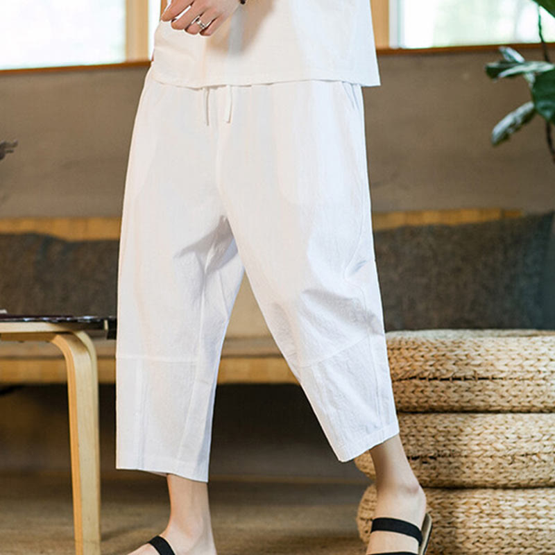 Buddha Stones Schlichtes Design, Kordelzug, Baumwolle und Leinen, einfarbige Haremshose für Herren mit Taschen - image 21