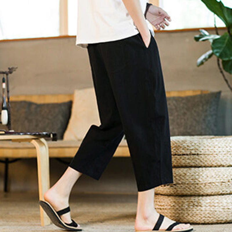 Buddha Stones Schlichtes Design, Kordelzug, Baumwolle und Leinen, einfarbige Haremshose für Herren mit Taschen - image 14