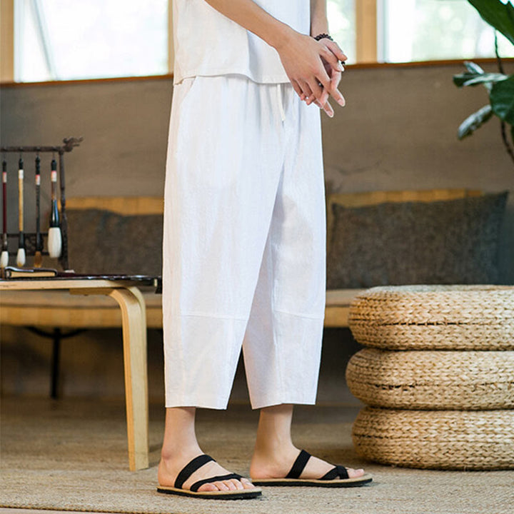 Buddha Stones Schlichtes Design, Kordelzug, Baumwolle und Leinen, einfarbige Haremshose für Herren mit Taschen - image 25