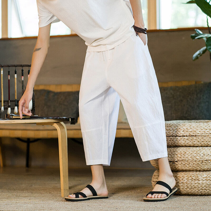 Buddha Stones Schlichtes Design, Kordelzug, Baumwolle und Leinen, einfarbige Haremshose für Herren mit Taschen - image 26