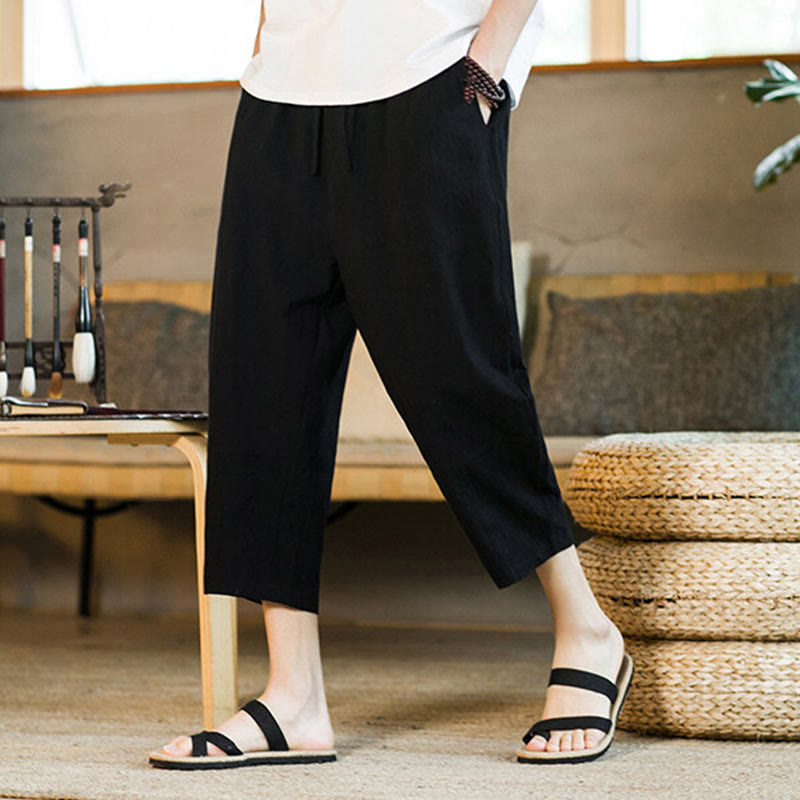 Buddha Stones Schlichtes Design, Kordelzug, Baumwolle und Leinen, einfarbige Haremshose für Herren mit Taschen - image 15