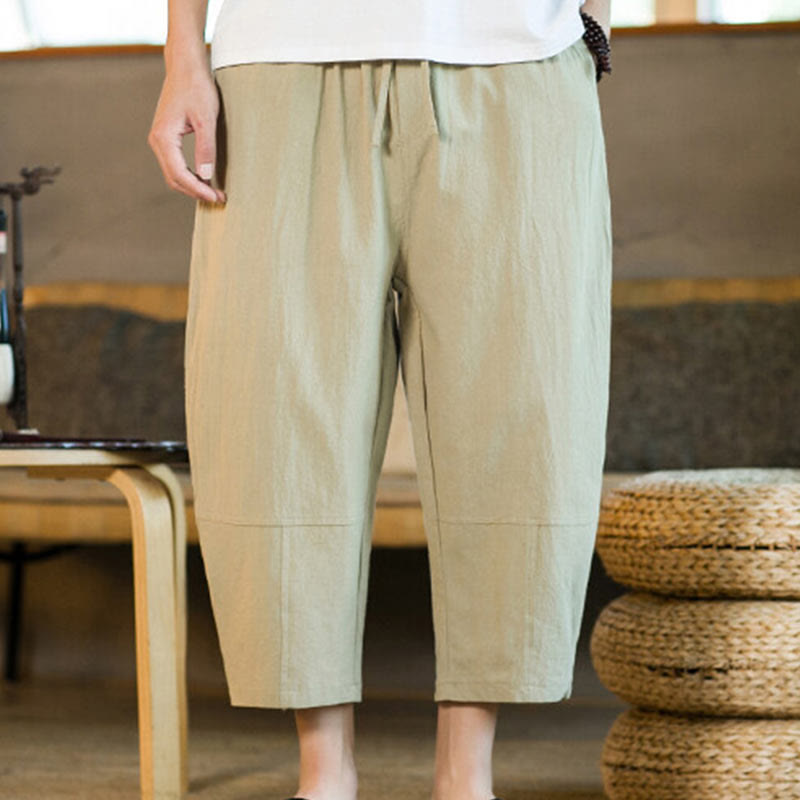 Buddha Stones Schlichtes Design, Kordelzug, Baumwolle und Leinen, einfarbige Haremshose für Herren mit Taschen - image 5
