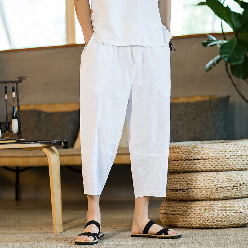 Buddha Stones Schlichtes Design, Kordelzug, Baumwolle und Leinen, einfarbige Haremshose für Herren mit Taschen - image 20