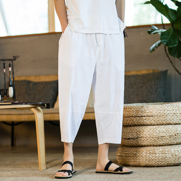 Buddha Stones Schlichtes Design, Kordelzug, Baumwolle und Leinen, einfarbige Haremshose für Herren mit Taschen - image 20