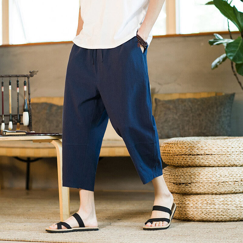 Buddha Stones Schlichtes Design, Kordelzug, Baumwolle und Leinen, einfarbige Haremshose für Herren mit Taschen - image 33