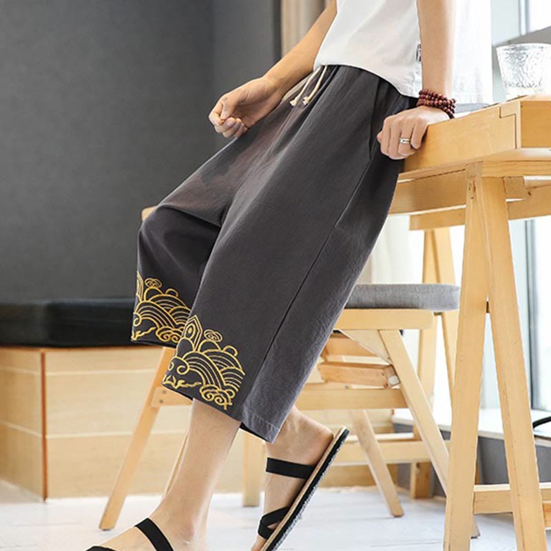 Buddha Stones Frühlings-Haremshose aus Baumwolle und Leinen mit Stickerei und Kordelzug für Herren, Länge 7–8, mit Taschen - image 20