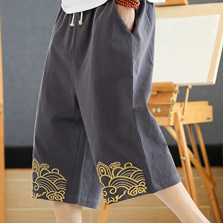 Buddha Stones Frühlings-Haremshose aus Baumwolle und Leinen mit Stickerei und Kordelzug für Herren, Länge 7–8, mit Taschen - image 9