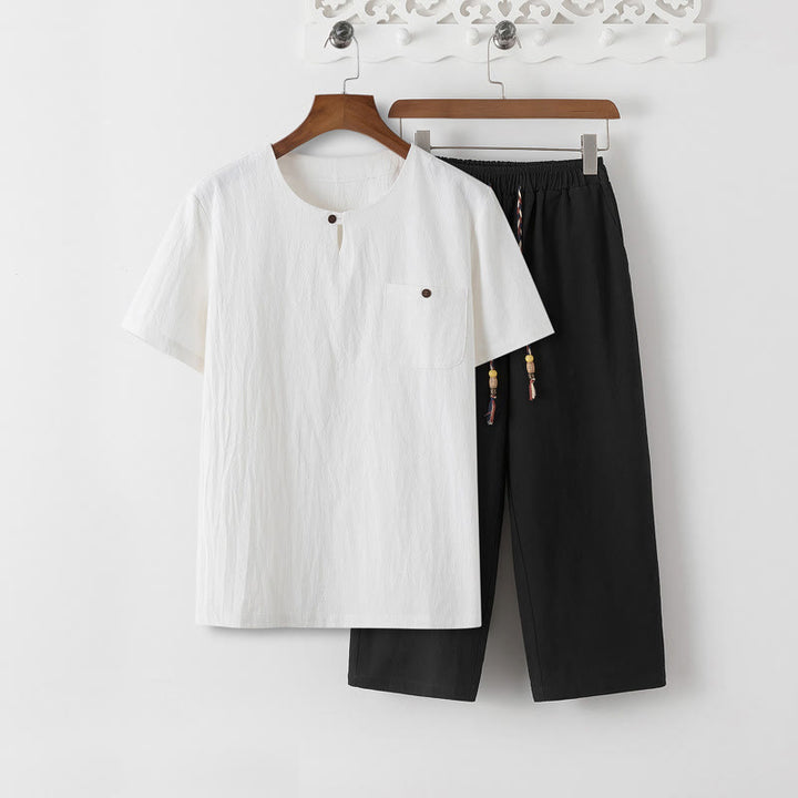 Buddha Stones Sommer 2-teilig, schlichtes Kurzarm-T-Shirt, Hose in Länge 7–8, Tang-Anzug aus Baumwolle und Leinen, Meditationskleidungsset für Herren mit Taschen - Weißes T-Shirt und schwarze Hose - US/UK/AU46, EU56 (5XL) - image 15