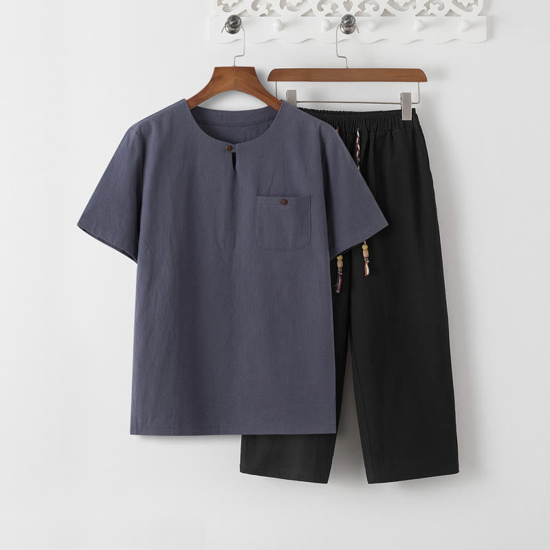 Buddha Stones Sommer 2-teilig, schlichtes Kurzarm-T-Shirt, Hose in Länge 7–8, Tang-Anzug aus Baumwolle und Leinen, Meditationskleidungsset für Herren mit Taschen - Schiefergraues T-Shirt und schwarze Hose - US/ UK/AU46，EU56 (5XL) - image 13