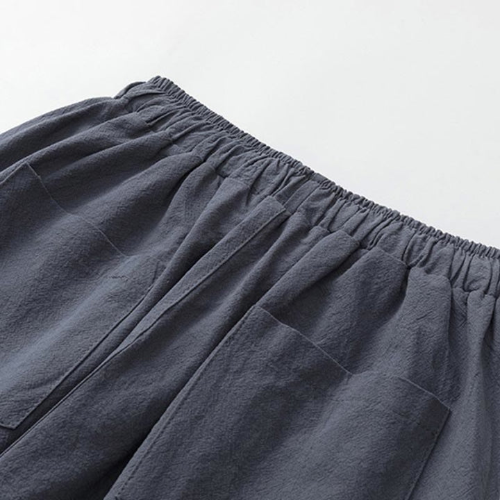 Buddha Stones Sommer 2-teilig, schlichtes Kurzarm-T-Shirt, Hose in Länge 7–8, Tang-Anzug aus Baumwolle und Leinen, Meditationskleidungsset für Herren mit Taschen - image 7