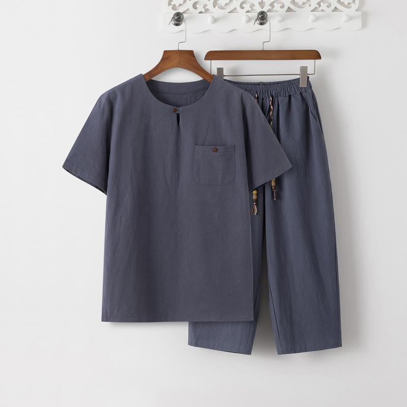 Buddha Stones Sommer 2-teilig, schlichtes Kurzarm-T-Shirt, Hose in Länge 7–8, Tang-Anzug aus Baumwolle und Leinen, Meditationskleidungsset für Herren mit Taschen - Schiefergraues T-Shirt und schiefergraue Hose - US/ UK/AU46, EU56 (5XL) - image 1