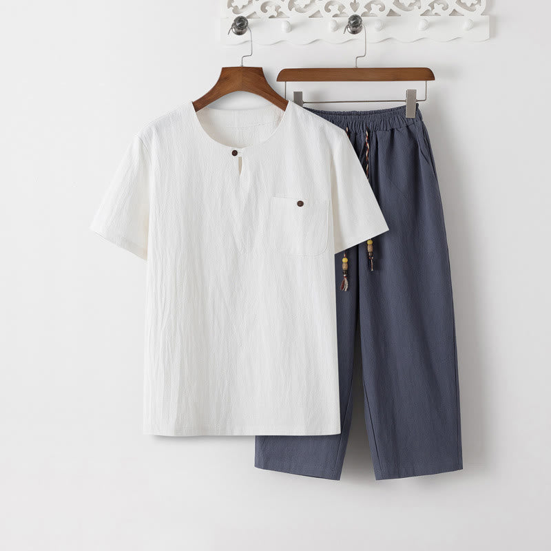 Buddha Stones Sommer 2-teilig, schlichtes Kurzarm-T-Shirt, Hose in Länge 7–8, Tang-Anzug aus Baumwolle und Leinen, Meditationskleidungsset für Herren mit Taschen - Weißes T-Shirt und schiefergraue Hose - US/UK/AU46, EU56 (5XL) - image 0