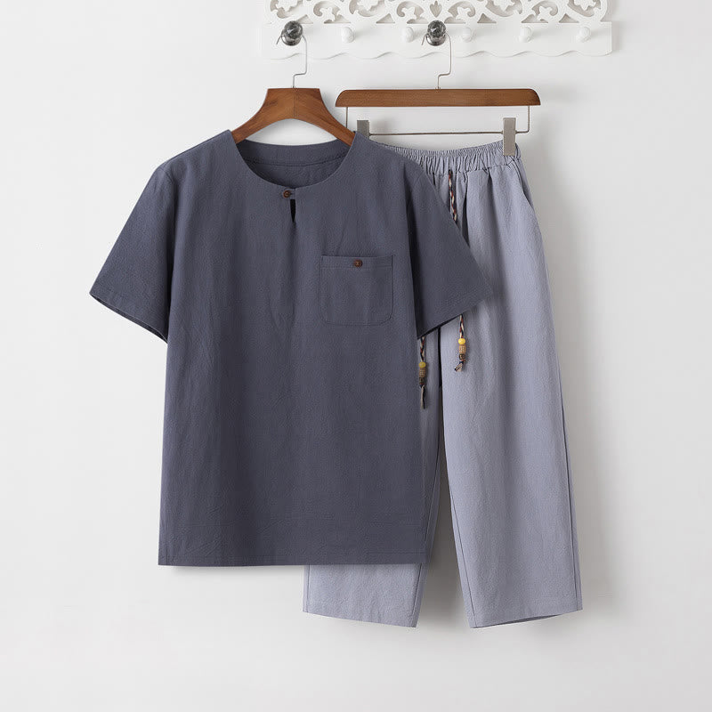 Buddha Stones Sommer 2-teilig, schlichtes Kurzarm-T-Shirt, Hose in Länge 7–8, Tang-Anzug aus Baumwolle und Leinen, Meditationskleidungsset für Herren mit Taschen - Schiefergraues T-Shirt & Hellstahlblaue Hose - US/ UK/AU46，EU56 (5XL) - image 12