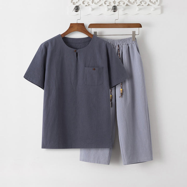 Buddha Stones Sommer 2-teilig, schlichtes Kurzarm-T-Shirt, Hose in Länge 7–8, Tang-Anzug aus Baumwolle und Leinen, Meditationskleidungsset für Herren mit Taschen - Schiefergraues T-Shirt & Hellstahlblaue Hose - US/ UK/AU46，EU56 (5XL) - image 12