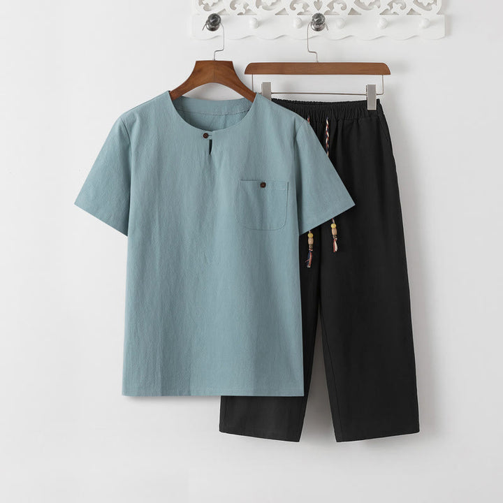 Buddha Stones Sommer 2-teilig, schlichtes Kurzarm-T-Shirt, Hose in Länge 7–8, Tang-Anzug aus Baumwolle und Leinen, Meditationskleidungsset für Herren mit Taschen - Blasstürkises T-Shirt und schwarze Hose - US/ UK/AU46，EU56 (5XL) - image 18