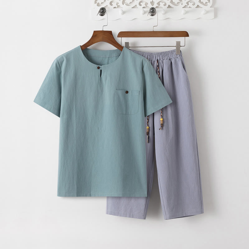 Buddha Stones Sommer 2-teilig, schlichtes Kurzarm-T-Shirt, Hose in Länge 7–8, Tang-Anzug aus Baumwolle und Leinen, Meditationskleidungsset für Herren mit Taschen - Helltürkisfarbenes T-Shirt und hellstahlblaue Hose - US/UK/AU46, EU56 (5XL) - image 18