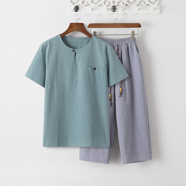 Buddha Stones Sommer 2-teilig, schlichtes Kurzarm-T-Shirt, Hose in Länge 7–8, Tang-Anzug aus Baumwolle und Leinen, Meditationskleidungsset für Herren mit Taschen - Helltürkisfarbenes T-Shirt und hellstahlblaue Hose - US/UK/AU46, EU56 (5XL) - image 18
