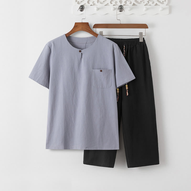 Buddha Stones Sommer 2-teilig, schlichtes Kurzarm-T-Shirt, Hose in Länge 7–8, Tang-Anzug aus Baumwolle und Leinen, Meditationskleidungsset für Herren mit Taschen - Hellstahlblaues T-Shirt und schwarze Hose - US/ UK/AU46，EU56 (5XL) - image 15