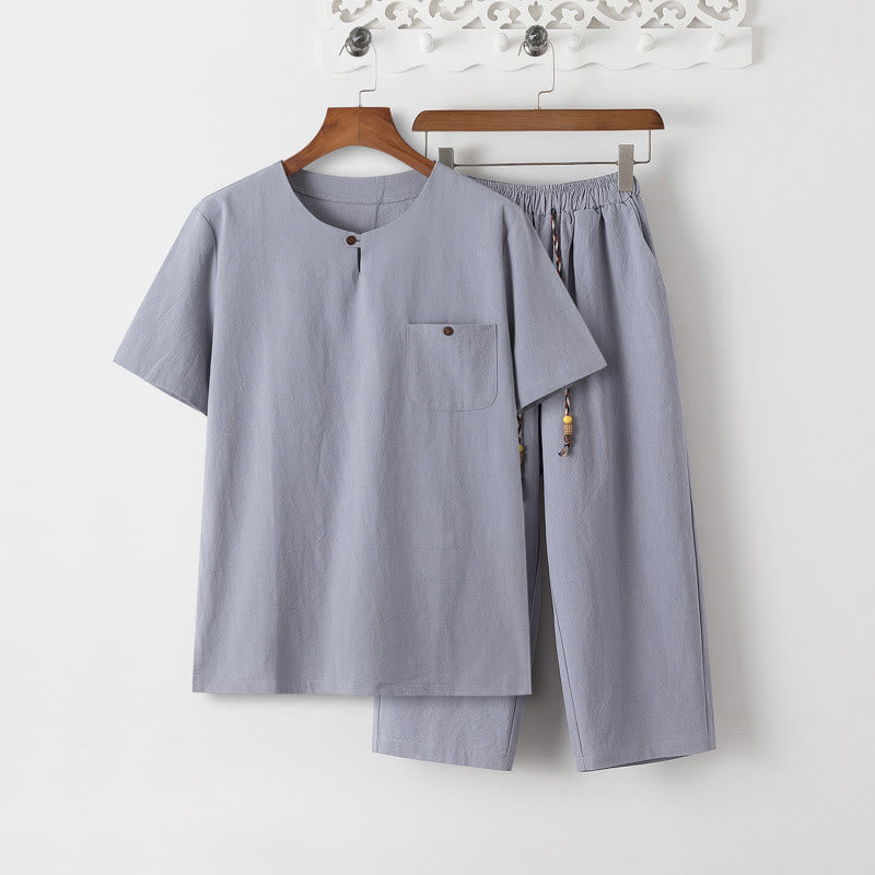 Buddha Stones Sommer 2-teilig, schlichtes Kurzarm-T-Shirt, Hose in Länge 7–8, Tang-Anzug aus Baumwolle und Leinen, Meditationskleidungsset für Herren mit Taschen - Hellstahlblaues T-Shirt und hellstahlblaue Hose - US/ UK/AU46，EU56 (5XL) - image 11