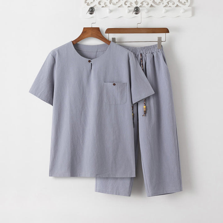 Buddha Stones Sommer 2-teilig, schlichtes Kurzarm-T-Shirt, Hose in Länge 7–8, Tang-Anzug aus Baumwolle und Leinen, Meditationskleidungsset für Herren mit Taschen - Hellstahlblaues T-Shirt und hellstahlblaue Hose - US/ UK/AU46，EU56 (5XL) - image 11