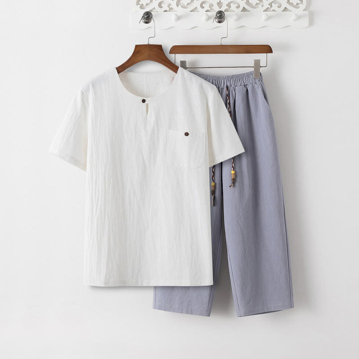 Buddha Stones Sommer 2-teilig, schlichtes Kurzarm-T-Shirt, Hose in Länge 7–8, Tang-Anzug aus Baumwolle und Leinen, Meditationskleidungsset für Herren mit Taschen - Weißes T-Shirt und hellstahlblaue Hose - US/UK/AU46, EU56 (5XL) - image 16