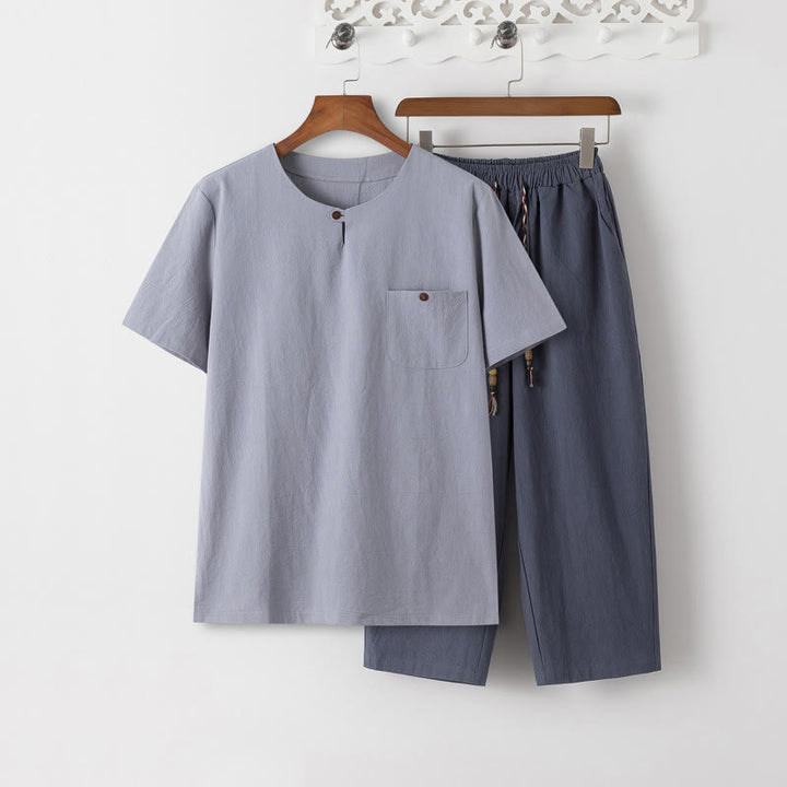 Buddha Stones Sommer 2-teilig, schlichtes Kurzarm-T-Shirt, Hose in Länge 7–8, Tang-Anzug aus Baumwolle und Leinen, Meditationskleidungsset für Herren mit Taschen - Hellstahlblaues T-Shirt und schiefergraue Hose - US/UK/AU46, EU56 (5XL) - image 13