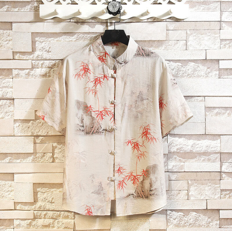 Buddha Stones Sommer Bambus Schmetterling Muster Kurzarm Frosch-Knopf-Design Herren Hemd Jacke - Beige - US/ UK/AU46，EU56 (5XL) - image 0