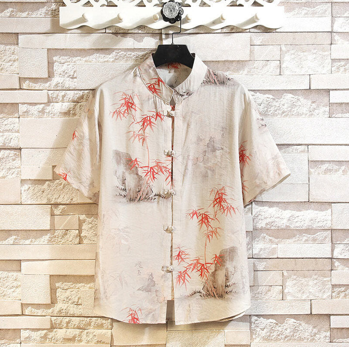 Buddha Stones Sommer Bambus Schmetterling Muster Kurzarm Frosch-Knopf-Design Herren Hemd Jacke - Beige - US/ UK/AU46, EU56 (5XL) - image 0