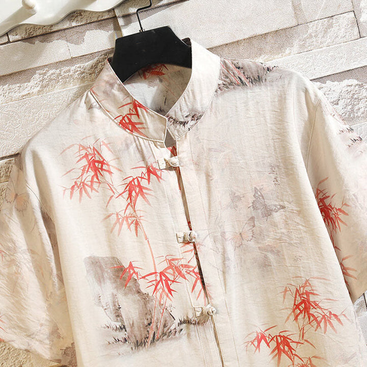 Buddha Stones Sommer Bambus Schmetterling Muster Kurzarm Frosch-Knopf-Design Herren Hemd Jacke - image 2