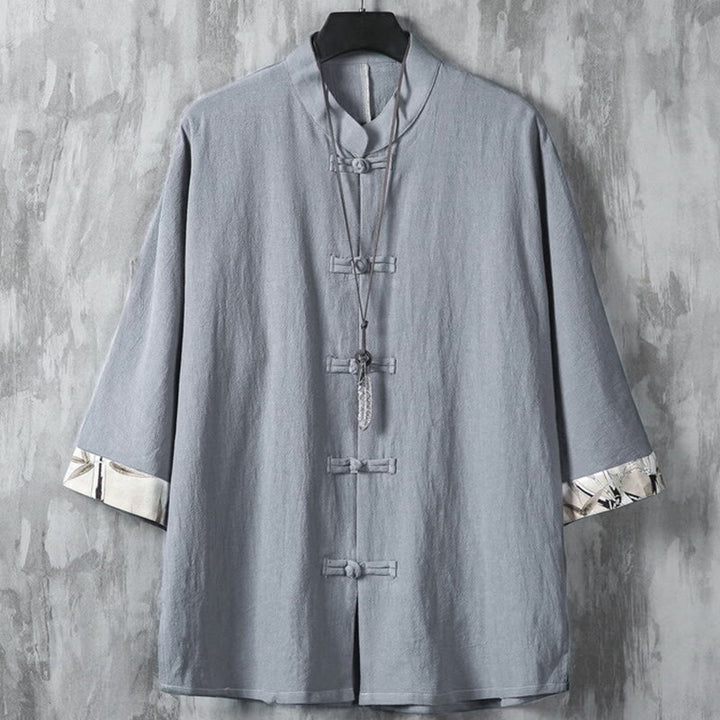 Buddha Stones Sommer Froschknopf Patchwork Halbarm Design Baumwolle Leinen Herren Hemdjacke - Dunkelgrau - US/ UK/AU46，EU56 (5XL) - image 10