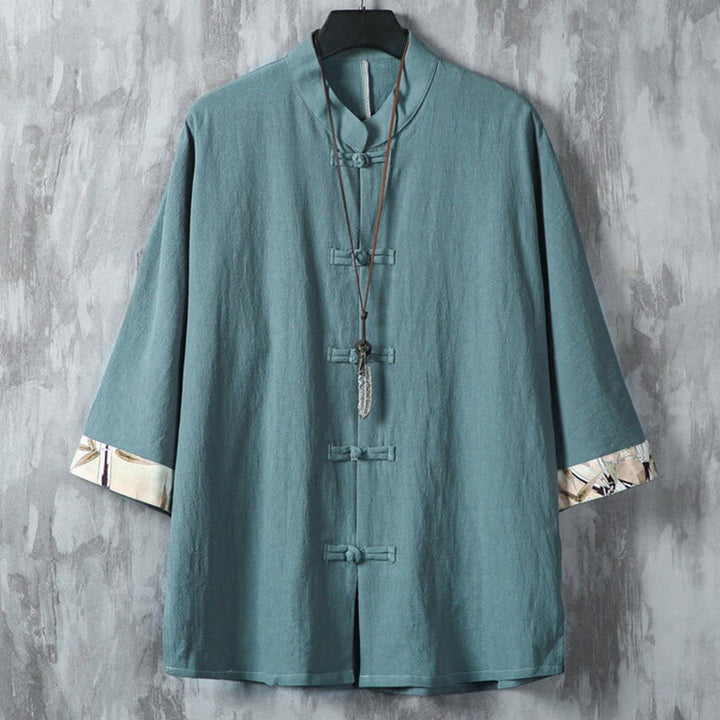 Buddha Stones Sommer Froschknopf Patchwork Halbarm Design Baumwolle Leinen Herren Hemdjacke - Dunkelcyan - US/ UK/AU46, EU56 (5XL) - image 11