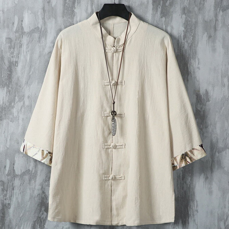 Buddha Stones Sommer Froschknopf Patchwork Halbarm Design Baumwolle Leinen Herren Hemdjacke - Beige - US/ UK/AU46，EU56 (5XL) - image 12