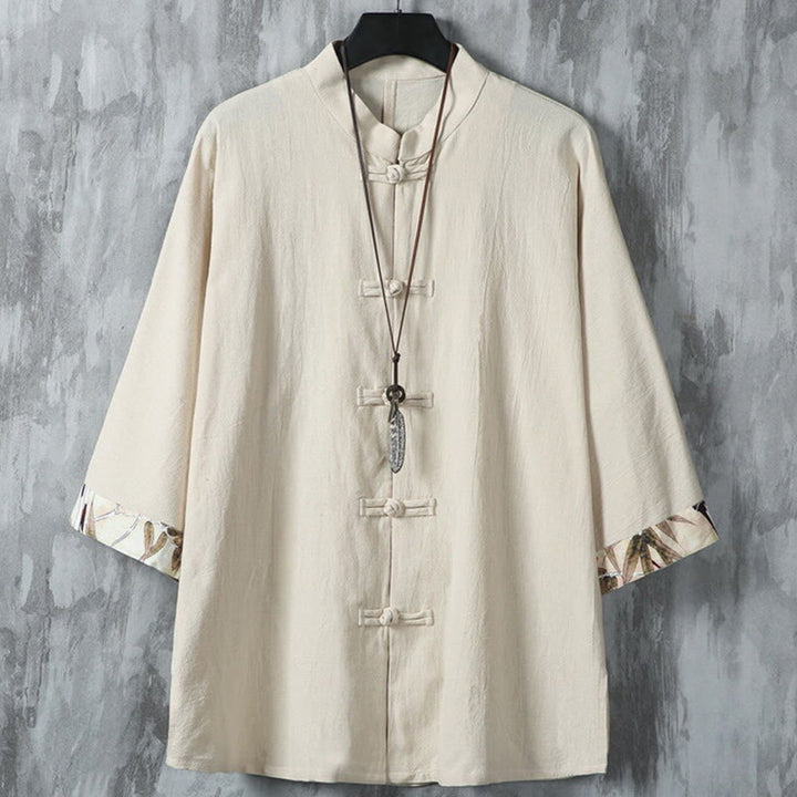 Buddha Stones Sommer Froschknopf Patchwork Halbarm Design Baumwolle Leinen Herren Hemdjacke - Beige - US/ UK/AU46，EU56 (5XL) - image 12