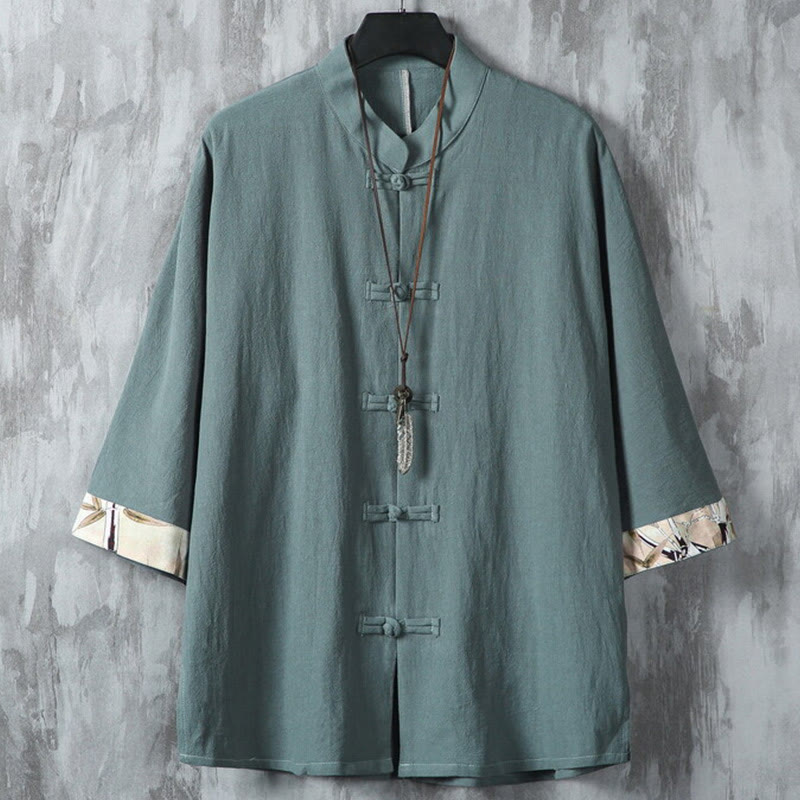 Buddha Stones Sommer Froschknopf Patchwork Halbarm Design Baumwolle Leinen Herren Hemdjacke - CadetBlue - US/ UK/AU46，EU56 (5XL) - image 0
