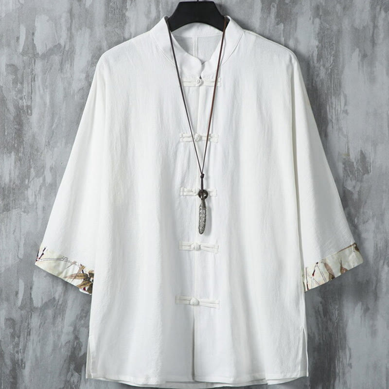 Buddha Stones Sommer Froschknopf Patchwork Halbarm Design Baumwolle Leinen Herren Hemdjacke - Weiß - US/ UK/AU46, EU56 (5XL) - image 2