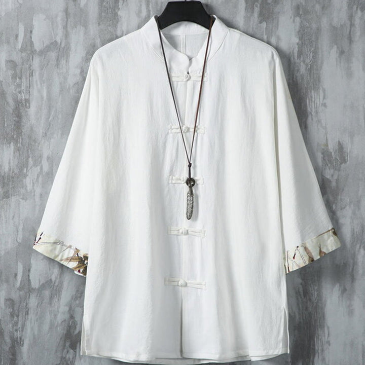 Buddha Stones Sommer Froschknopf Patchwork Halbarm Design Baumwolle Leinen Herren Hemdjacke - Weiß - US/ UK/AU46, EU56 (5XL) - image 2