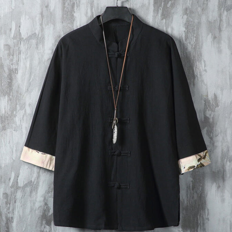 Buddha Stones Sommer Froschknopf Patchwork Halbarm Design Baumwolle Leinen Herren Hemdjacke - Schwarz - US/ UK/AU46，EU56 (5XL) - image 1